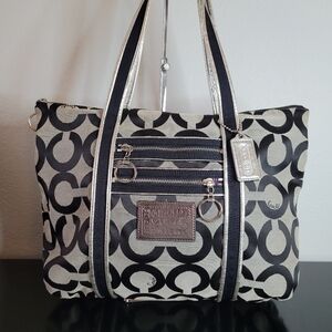 Coach Poppy  Black And Gray Op Art Glam Tote Shoulder Bag